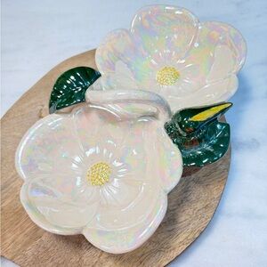 Vintage Ceramic Magnolia Dish Signed Floral Serving Dish with Handle